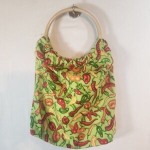Handmade Chili Pepper Print‎ Tote Bag with Wooden Ring Handle Green Red Boho